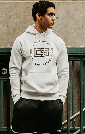 Model wearing branded hoodie