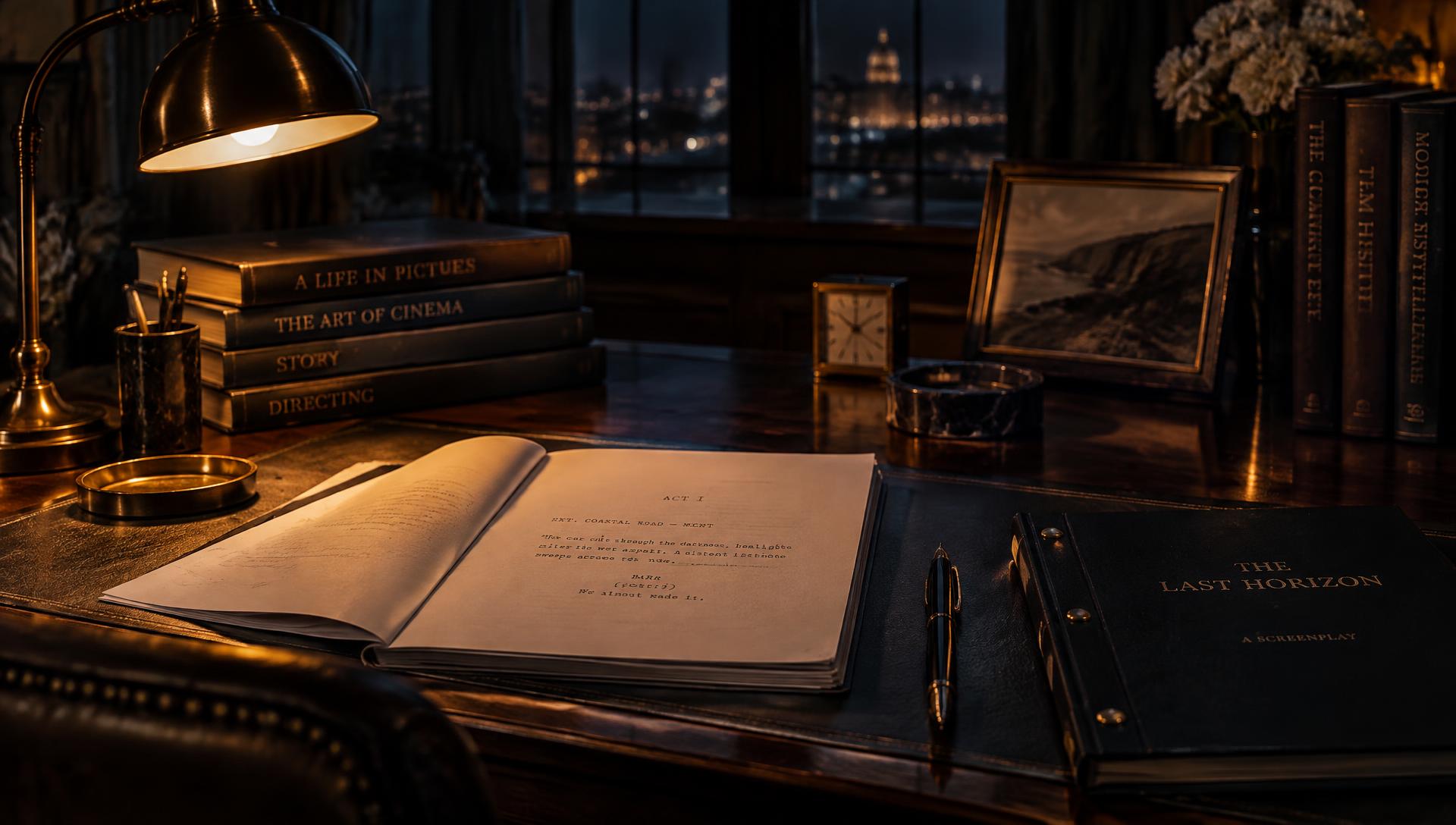 Writer's desk at night with an open screenplay, books and a brass lamp